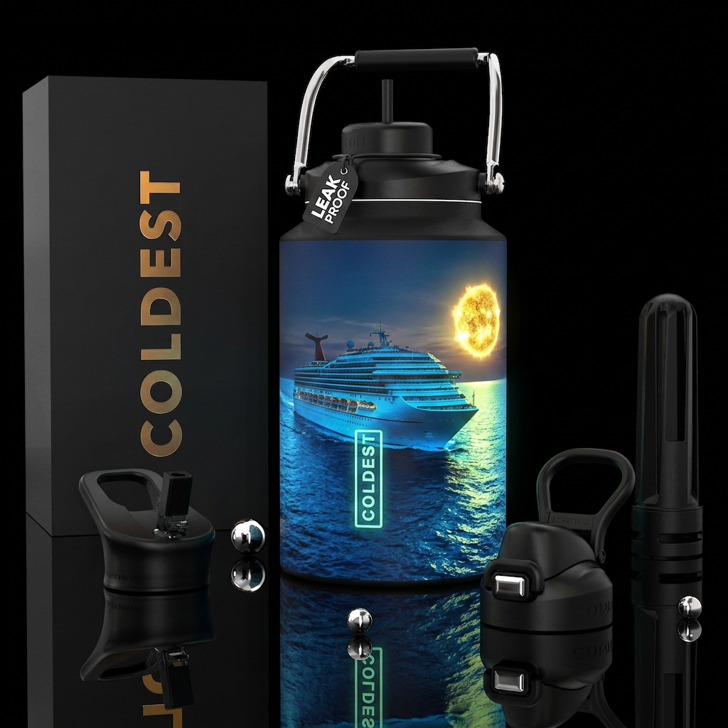 Glows the dark cruise ship at sea where the sun gl... water bottle design