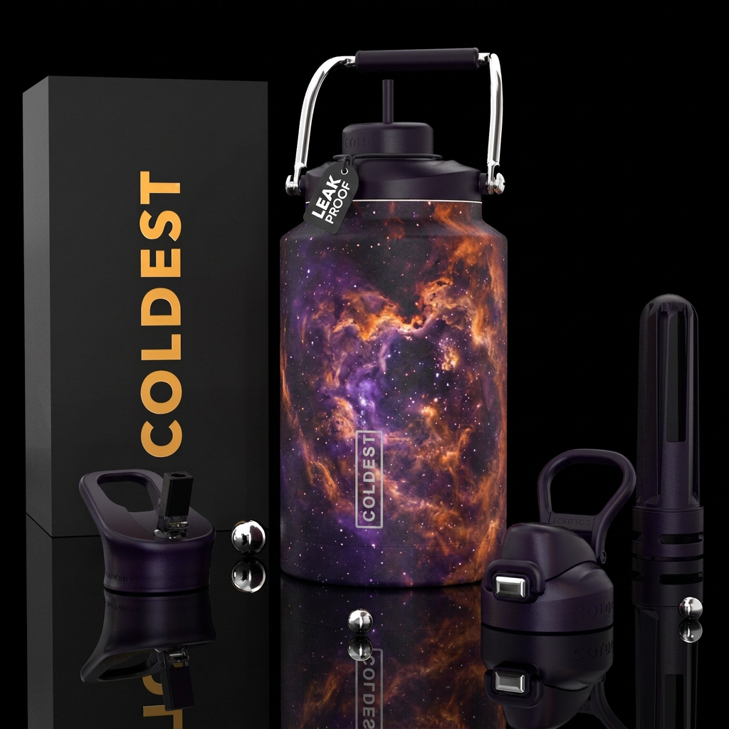 Orange, purple Nova, photorealistic, detailed, lif... water bottle design