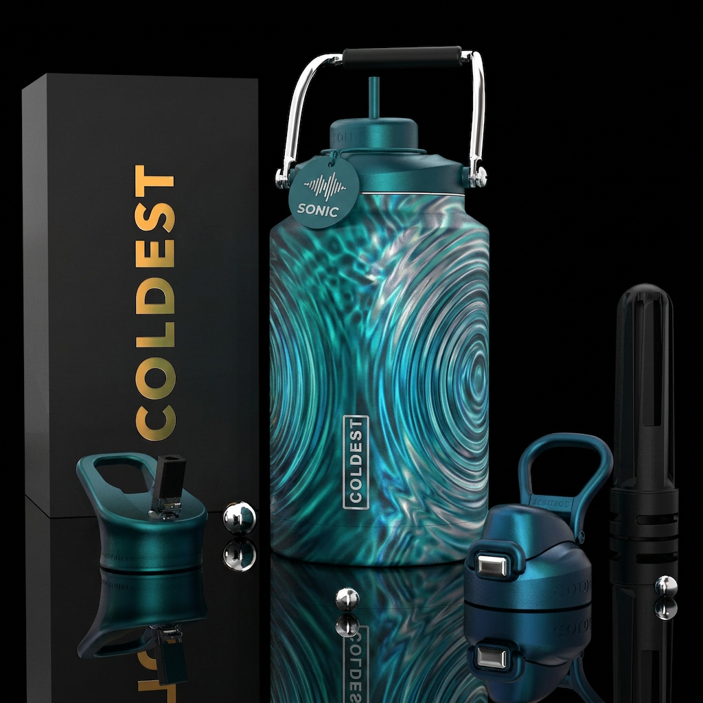 The sounds of water, photorealistic, detailed, lif... water bottle design