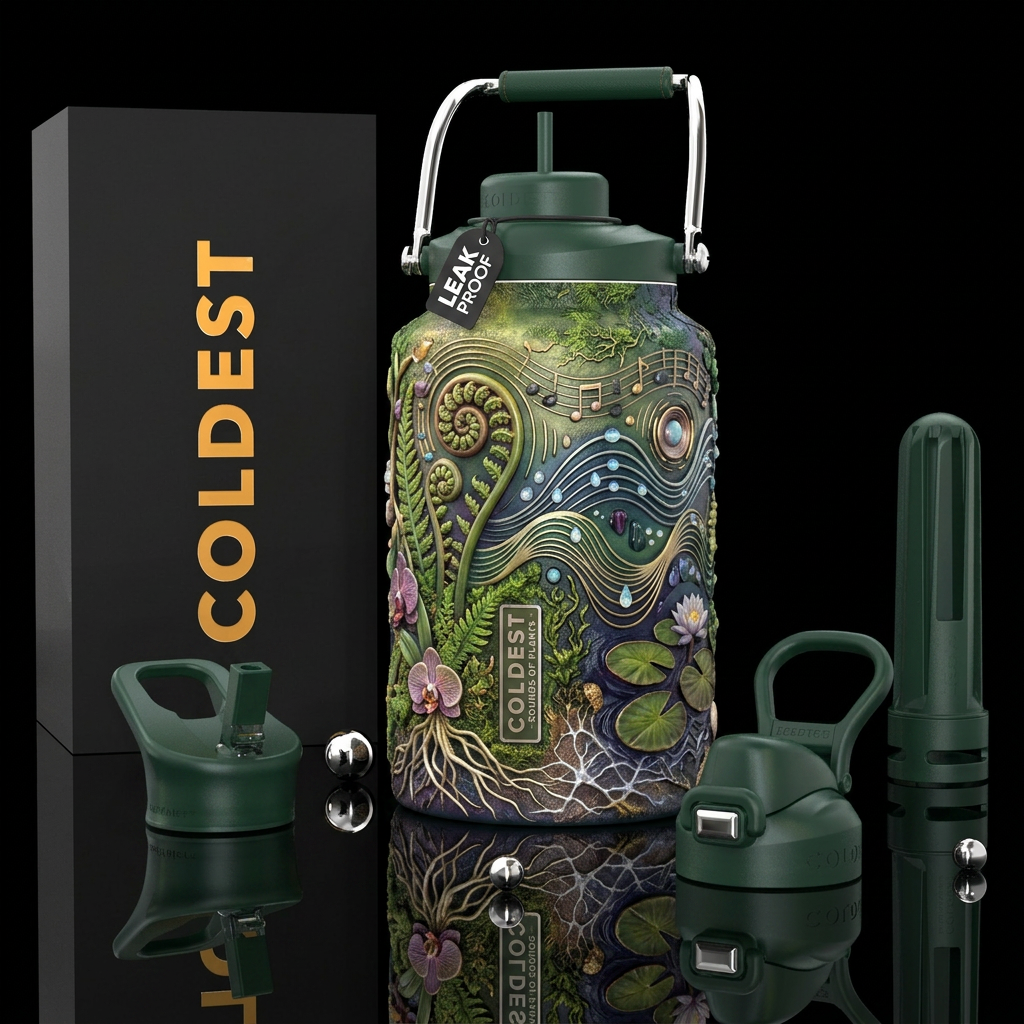 Sounds of Plants, photorealistic, detailed, lifeli... water bottle design