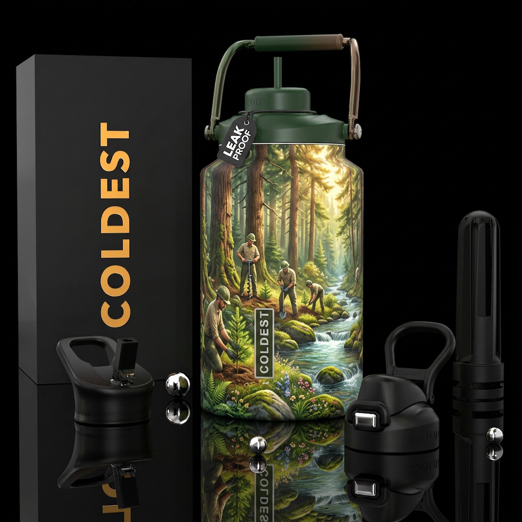 Highly detailed illustration of a forest‑restorati... water bottle design