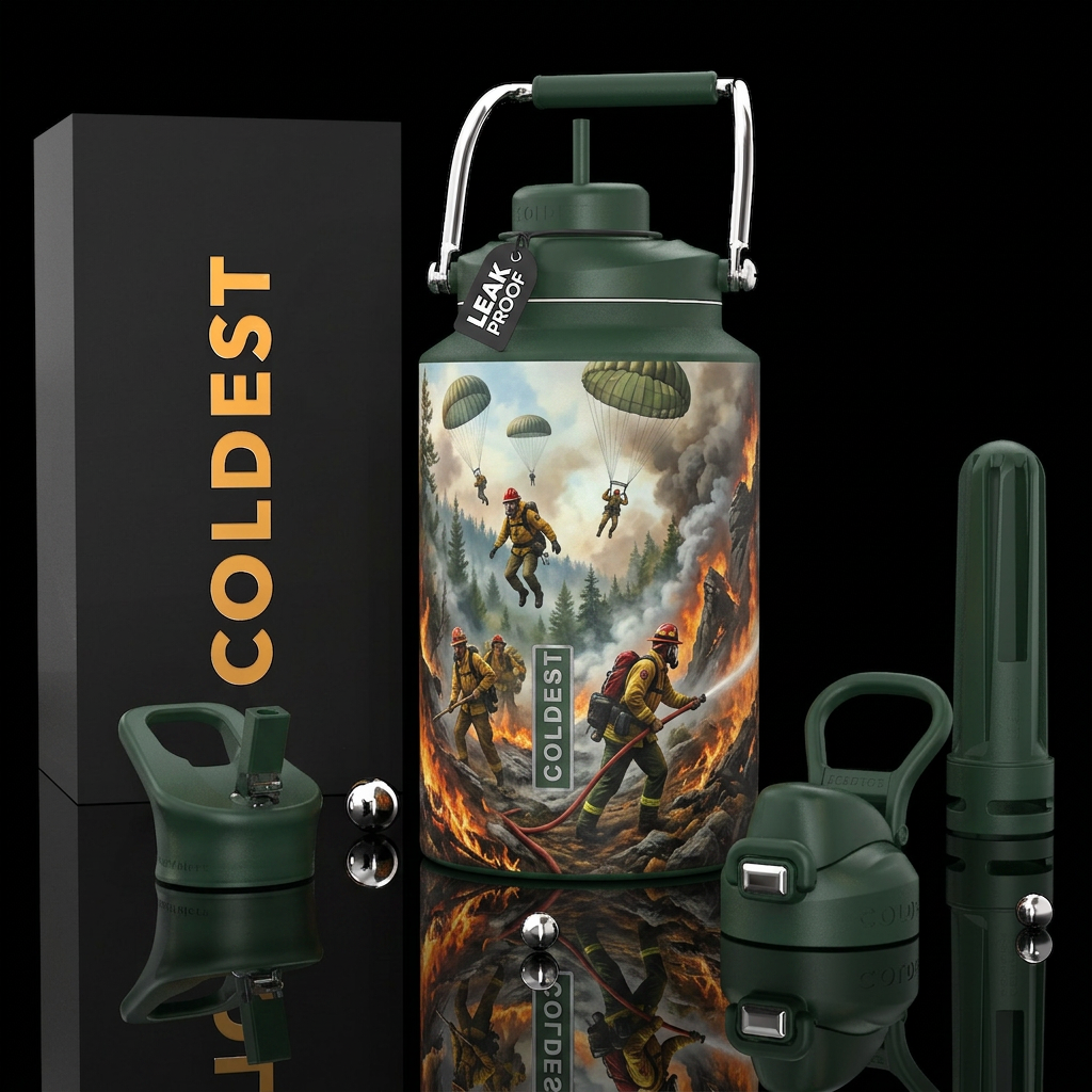 Wildland firefighters, smoke jumpers, photorealist... water bottle design