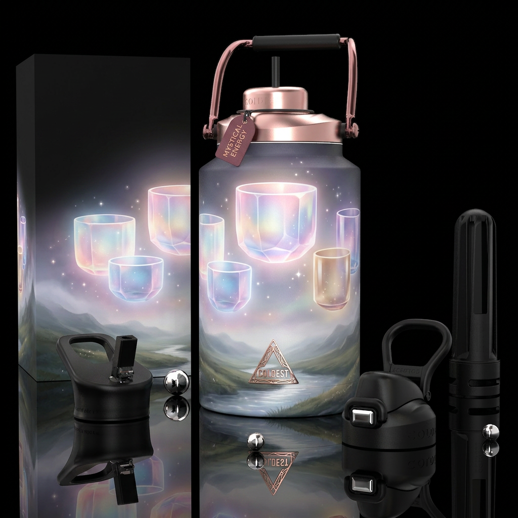 Mystical crystal bowls.  Wraparound illustration o... water bottle design