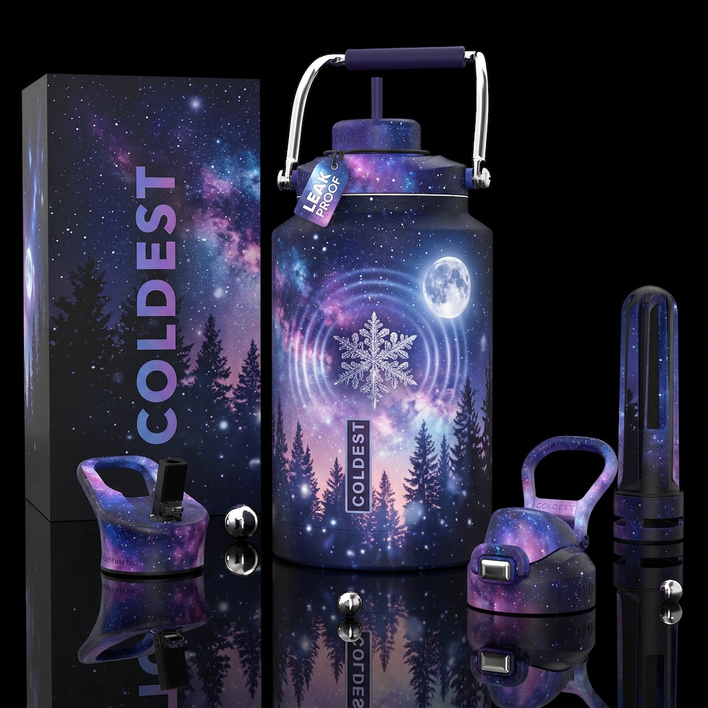 Cosmic moonlit forest. Wraparound cosmic snowy nig... water bottle design