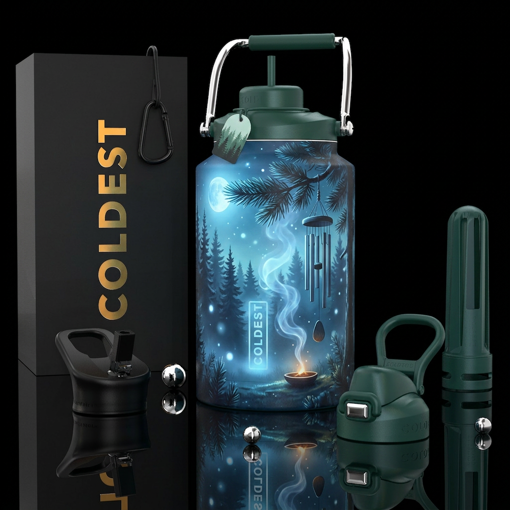 Forest chime smoke.   Moonlit forest scene with wi... water bottle design