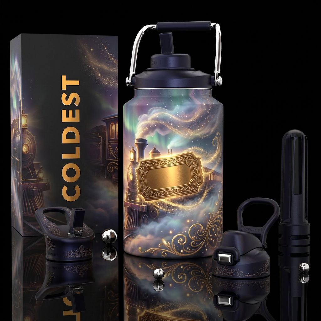 Fantasy Train Wrap Prompt + Golden Ticket Element.... water bottle design