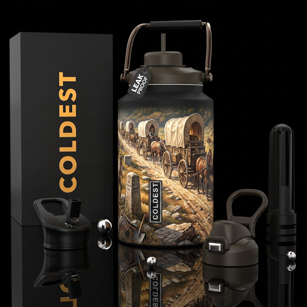 Wagon Train, National Pike Road, photorealistic, d... water bottle design