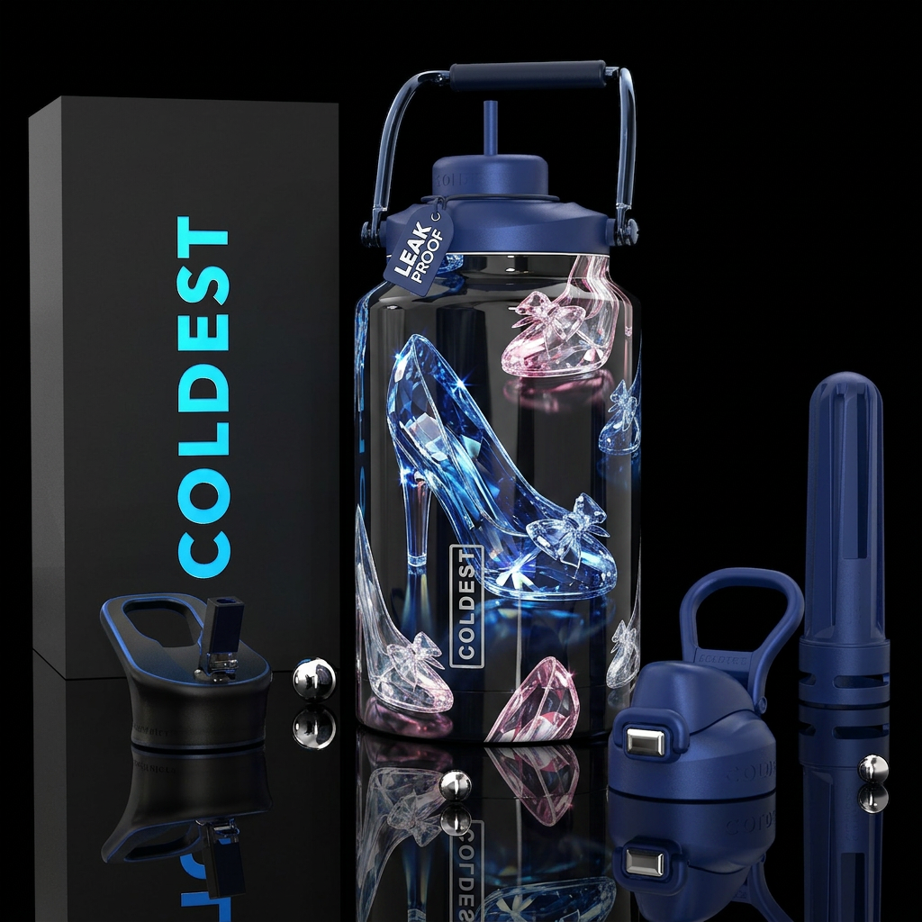 Glass slippers, photorealistic, detailed, lifelike water bottle design