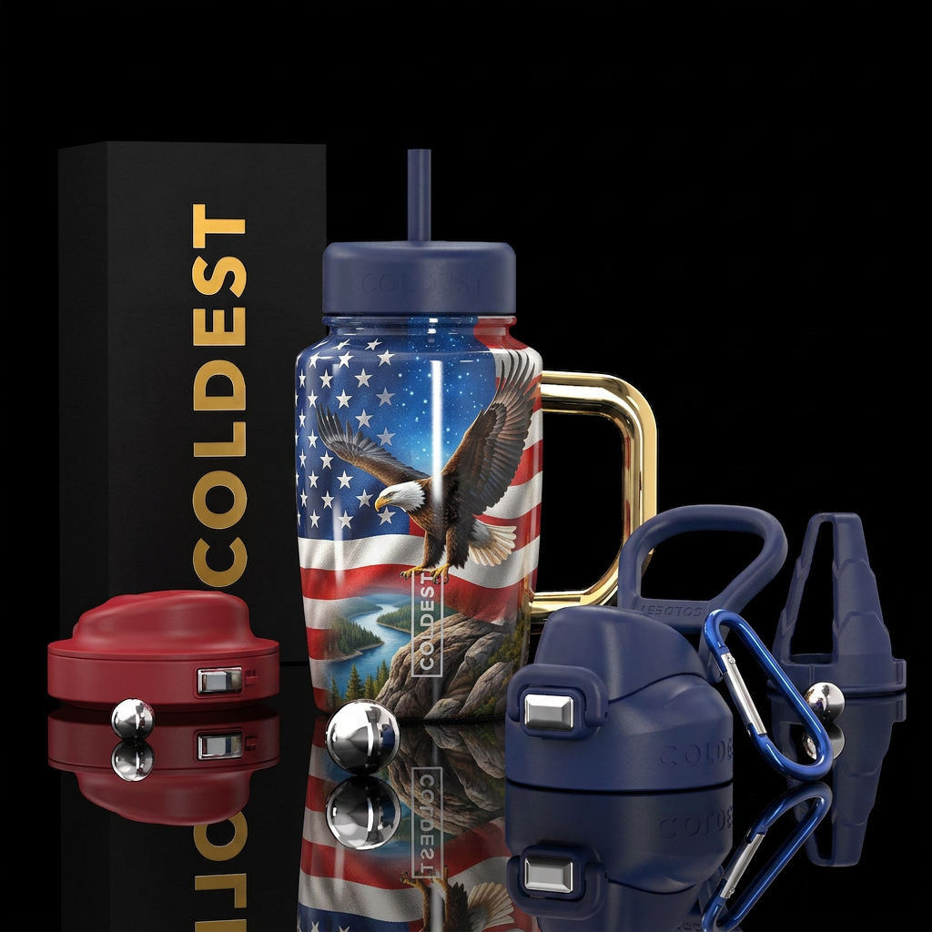 Patriotic, photorealistic, detailed, lifelike water bottle design