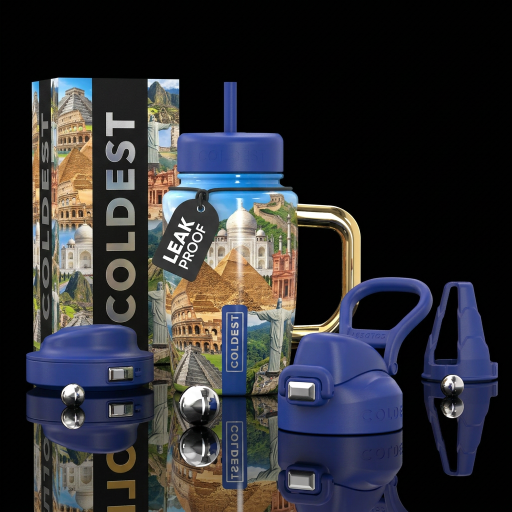 Eight wonders of the world, photorealistic, detail... water bottle design