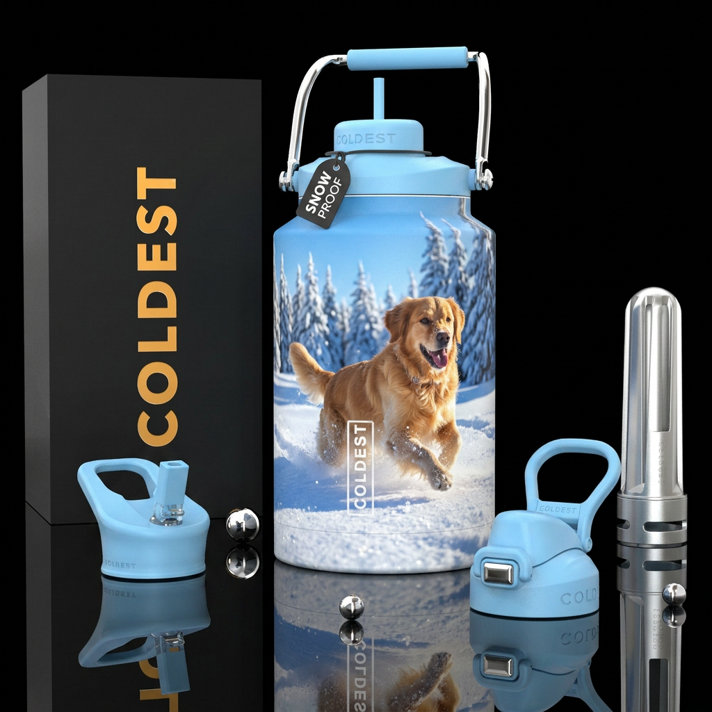 Dog in the snow water bottle design
