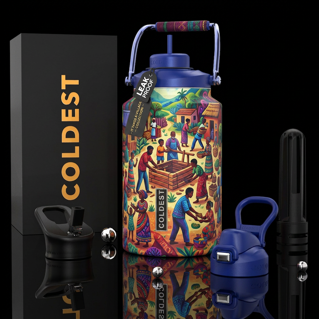 It takes a village water bottle design