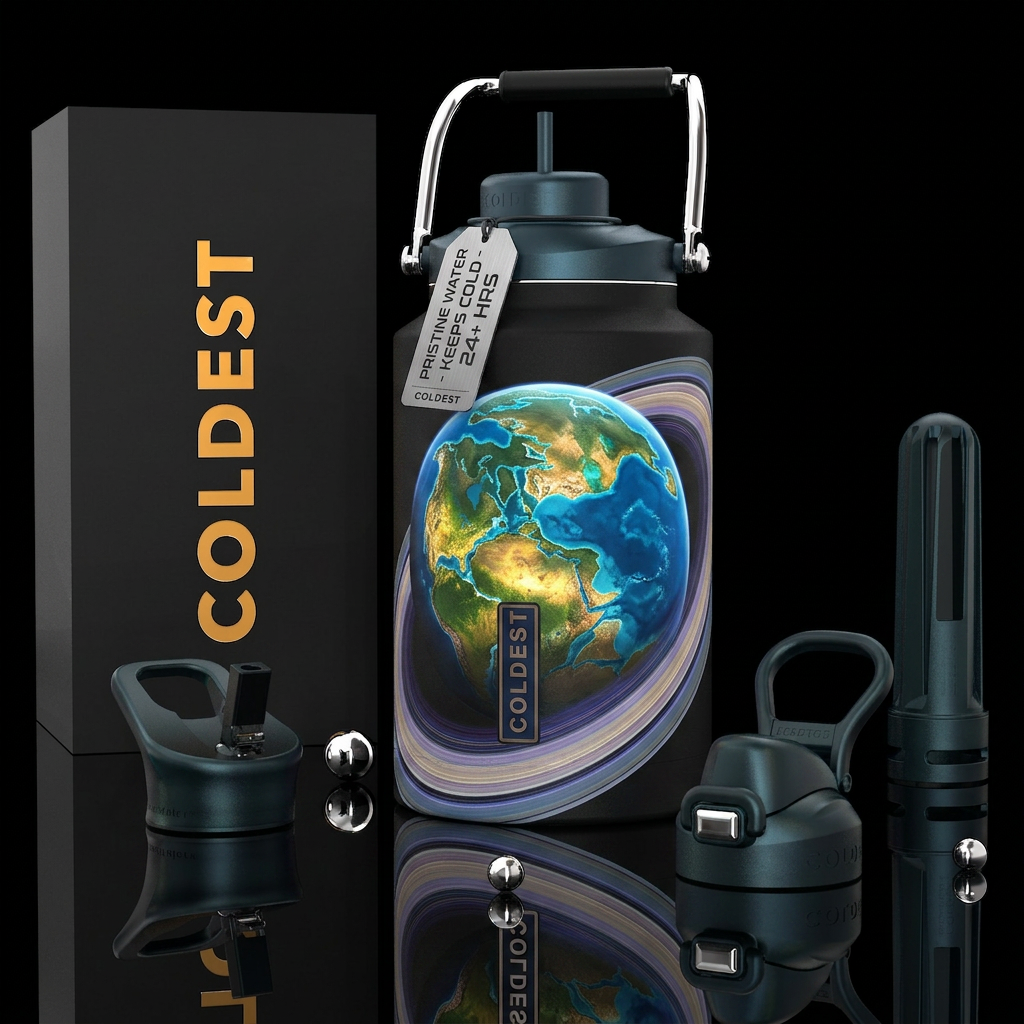 Earth with its rings billions of years ago, photor... water bottle design