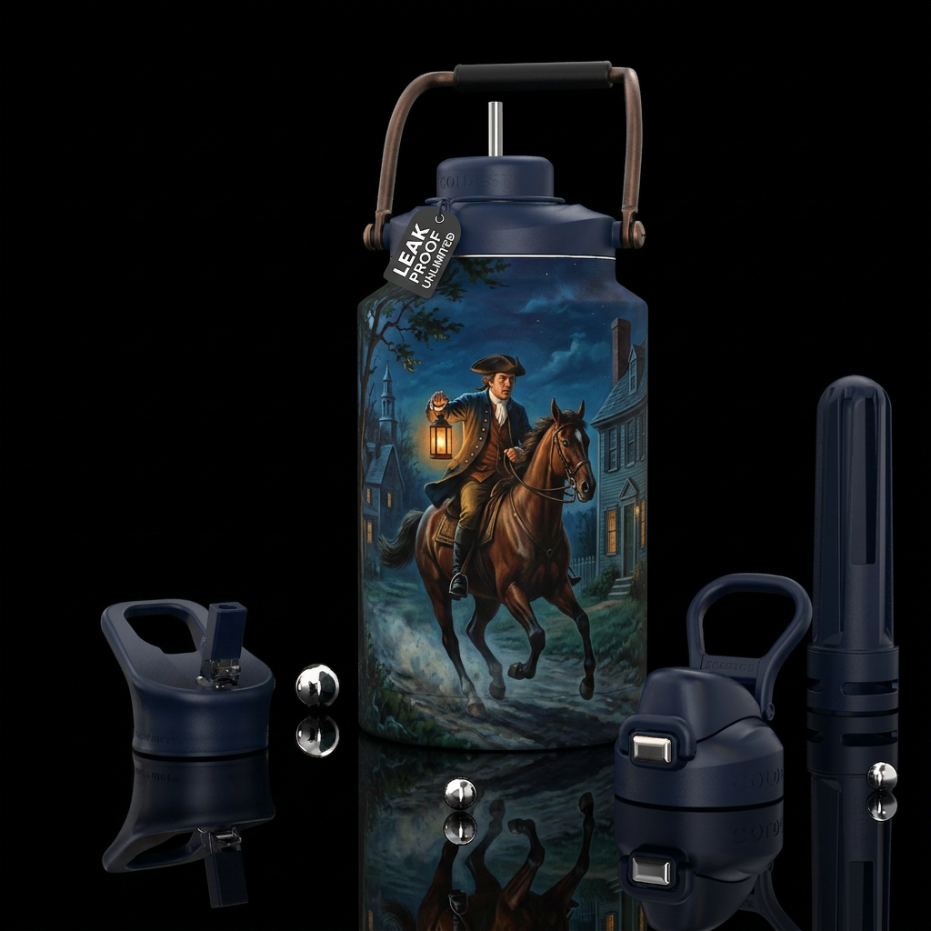 Midnight Ride of Paul Revere, photorealistic, deta... water bottle design