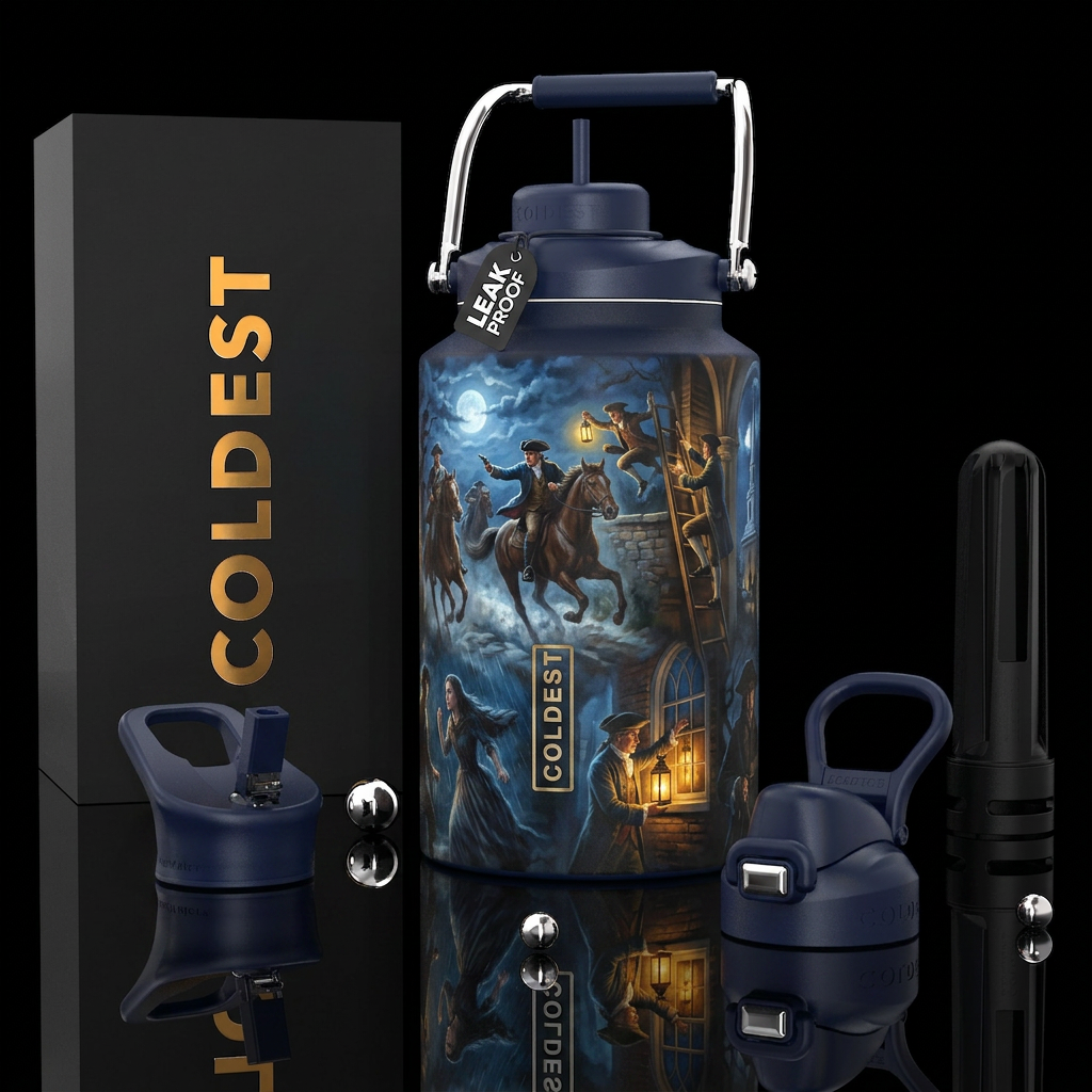 Create a dramatic Revolutionary‑War themed illustr... water bottle design