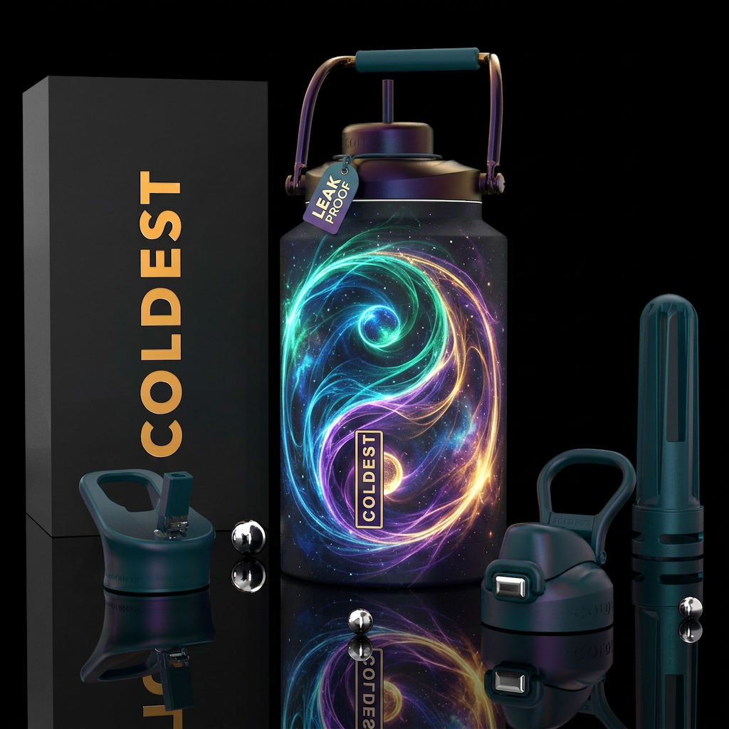 Tai Chi energy, glow in the dark, photorealistic, ... water bottle design