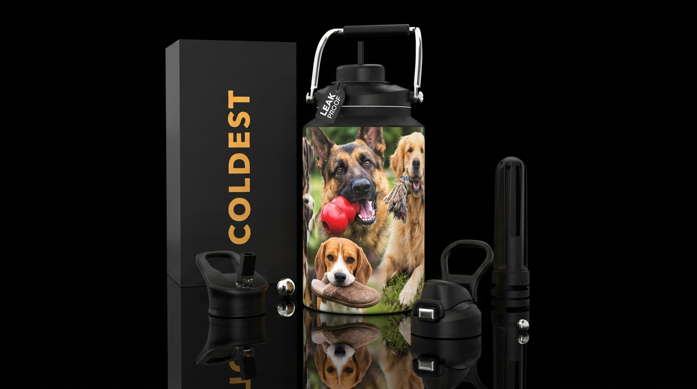 Dogs chewing on stuff, photorealistic, detailed, l... water bottle design