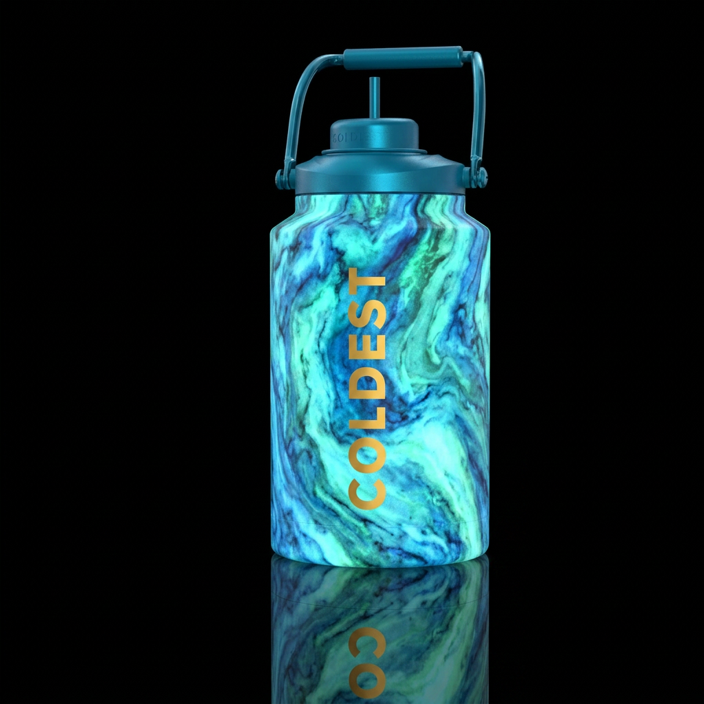 Marble glow in the dark, photorealistic, detailed,... water bottle design
