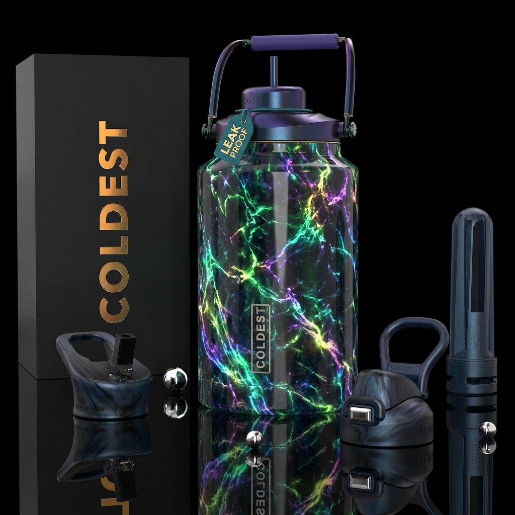 Marble glow in the dark, photorealistic, detailed,... water bottle design