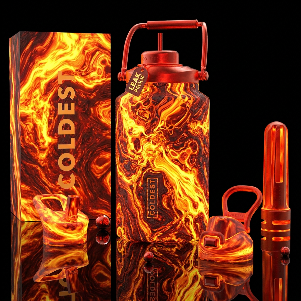 Molten lava glow in the dark, photorealistic, deta... water bottle design
