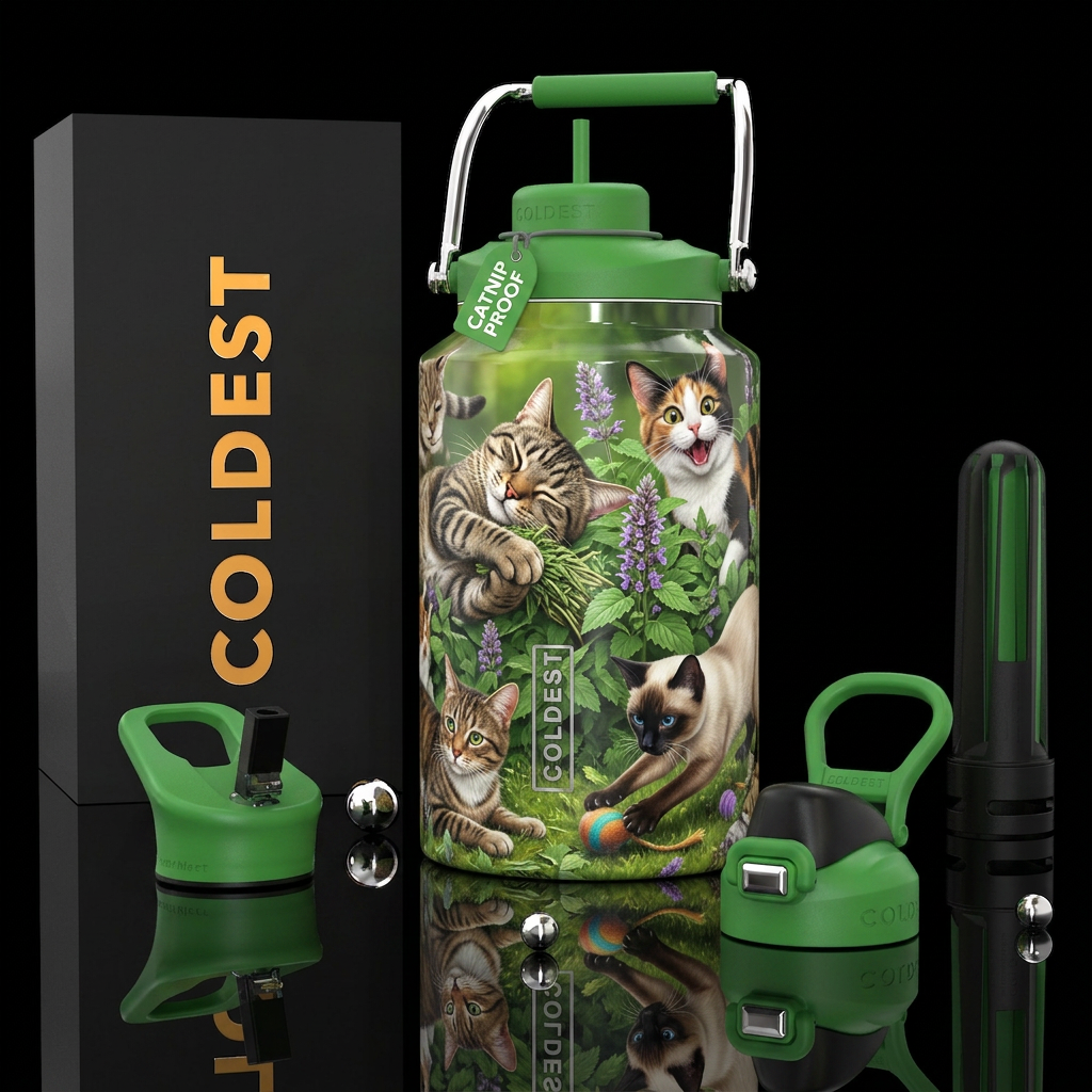 Cats on Catnip, photorealistic, detailed, lifelike water bottle design