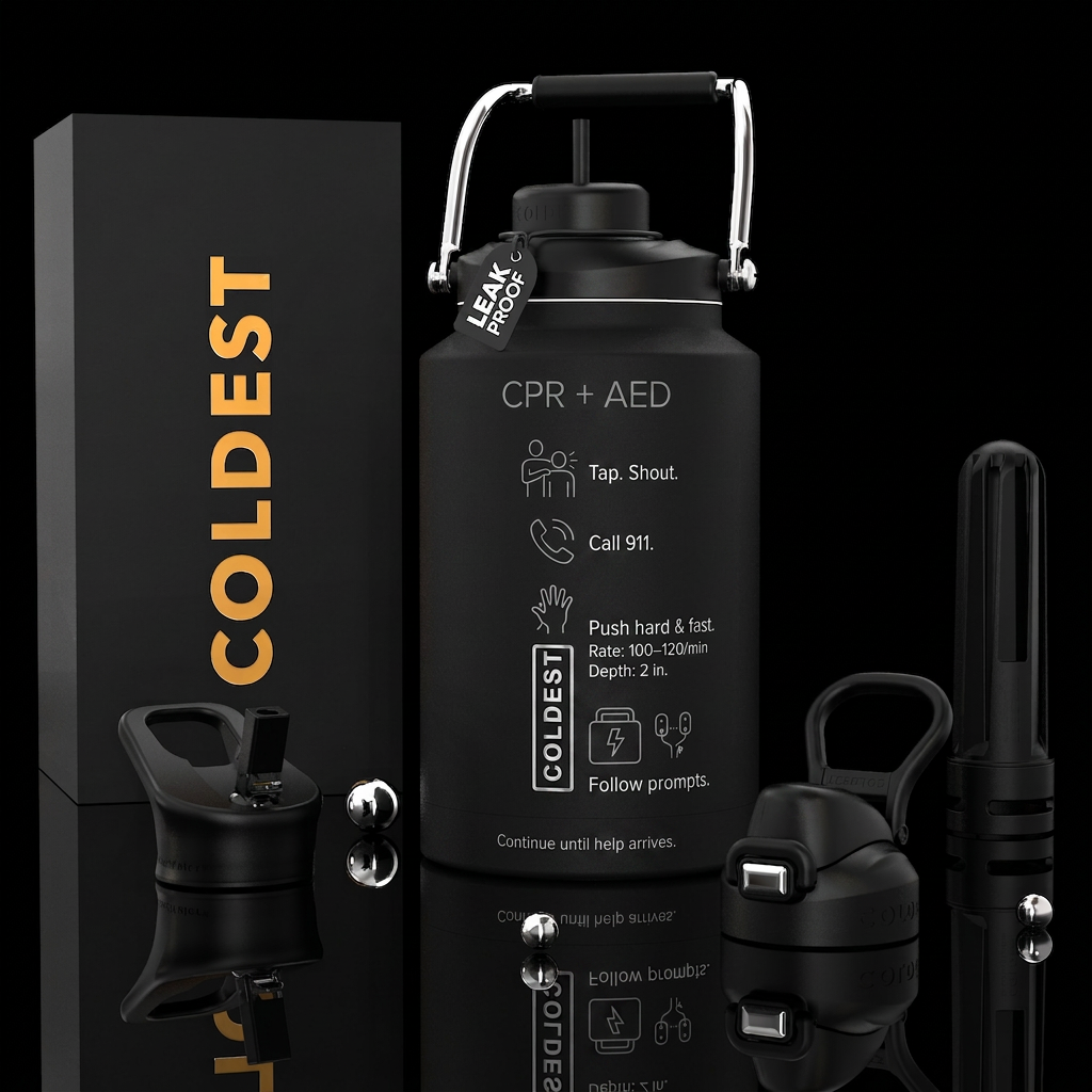 Minimalist full‑body CPR + AED instruction wrap fo... water bottle design