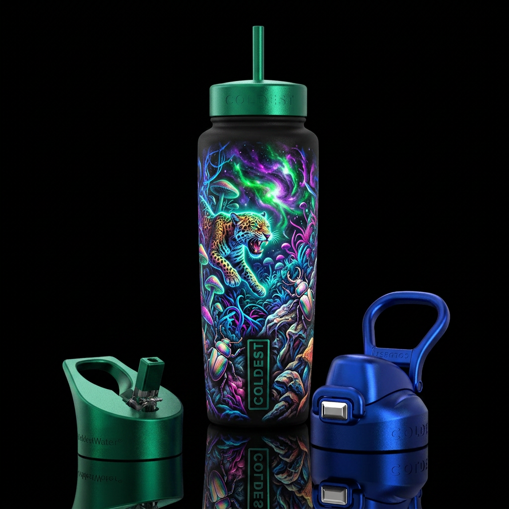 Majestic, wild, chaotic, photorealistic, detailed,... water bottle design