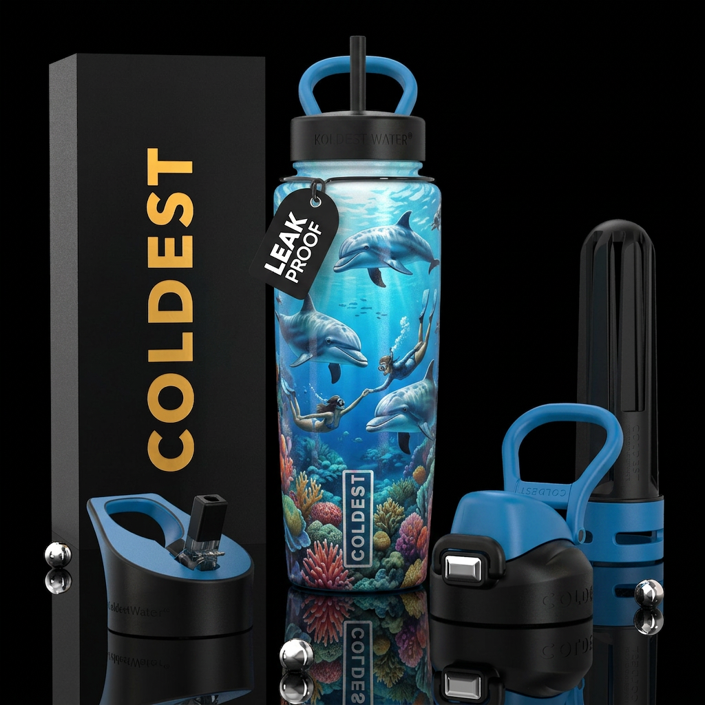 Dolphins, humans, photorealistic, detailed, lifeli... water bottle design