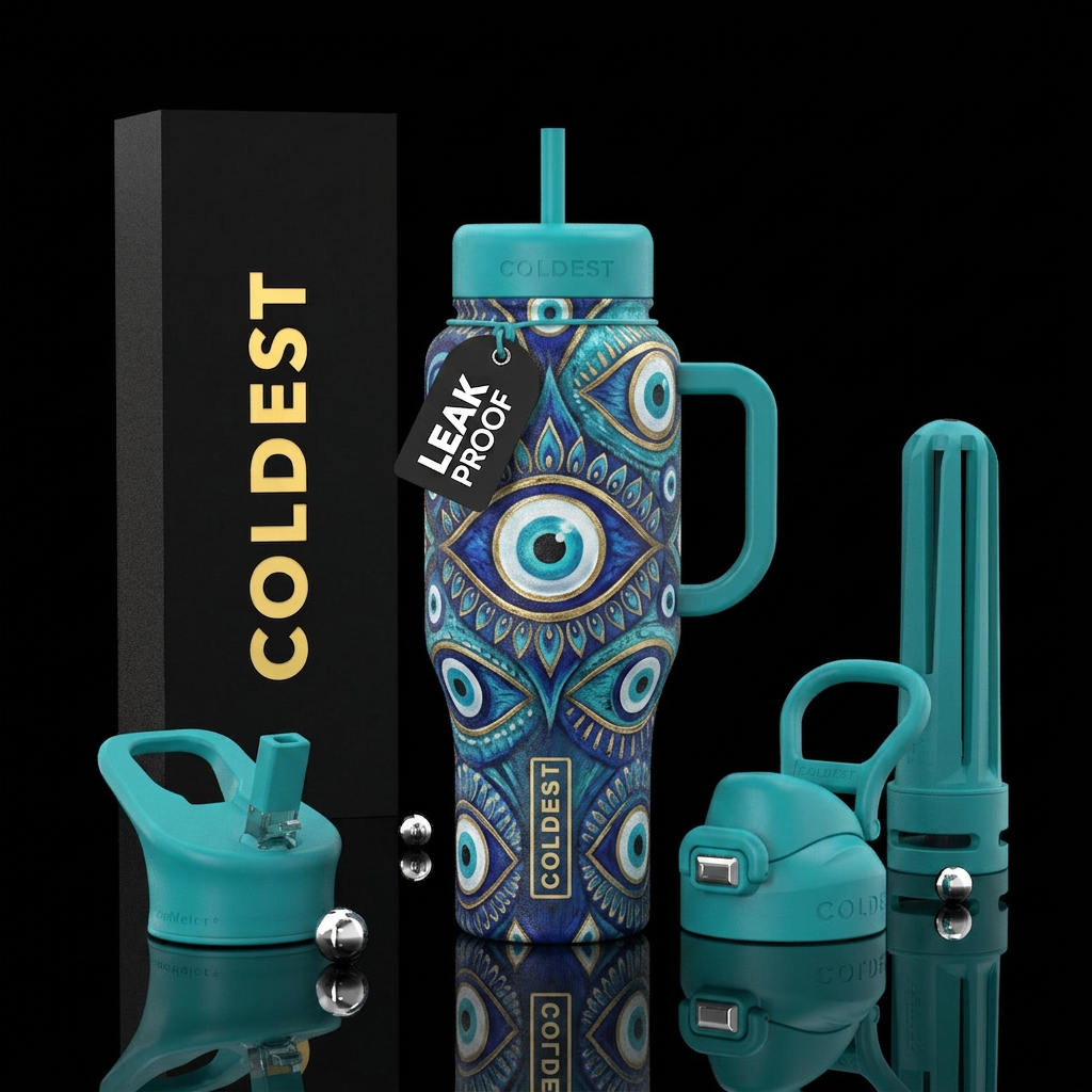 Evil eye, photorealistic, detailed, lifelike water bottle design
