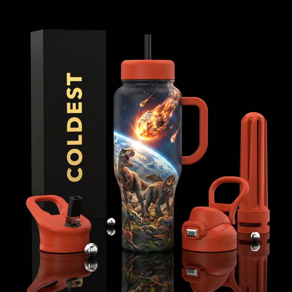 Astroid colliding into Earth while dinosaurs watch... water bottle design