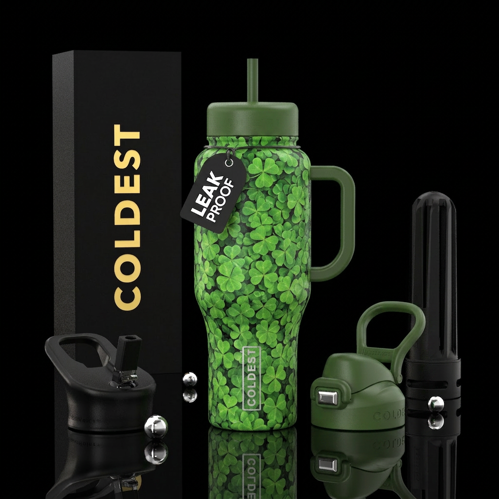 Find the four leave clover, photorealistic, detail... water bottle design
