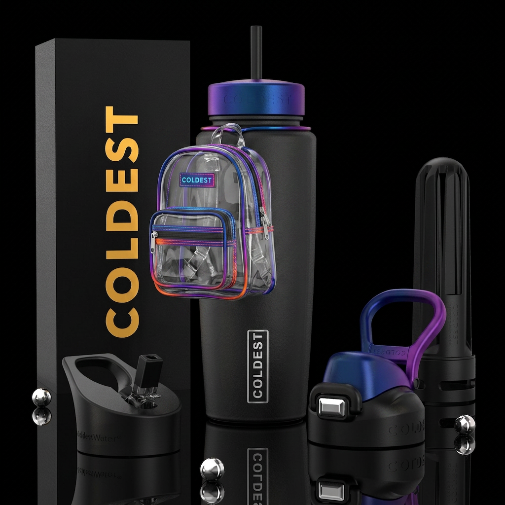 A clear coldest mini backpack, photorealistic, det... water bottle design