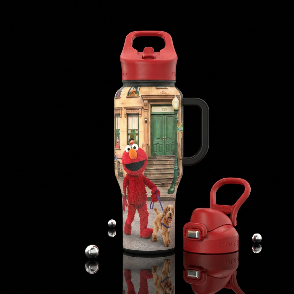 Elmo walking his dog Tango down sesame street water bottle design