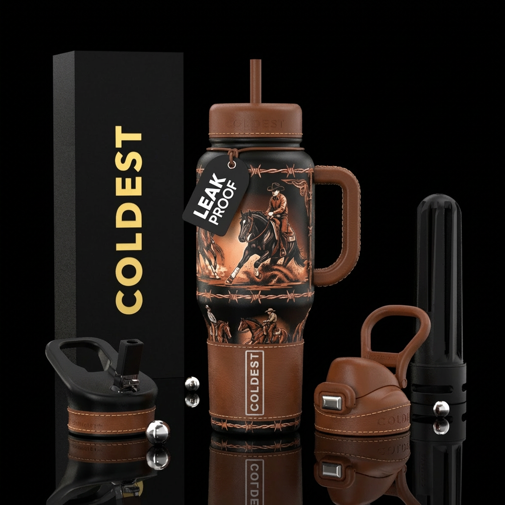 Reining and cutting horses with barbed wire border... water bottle design