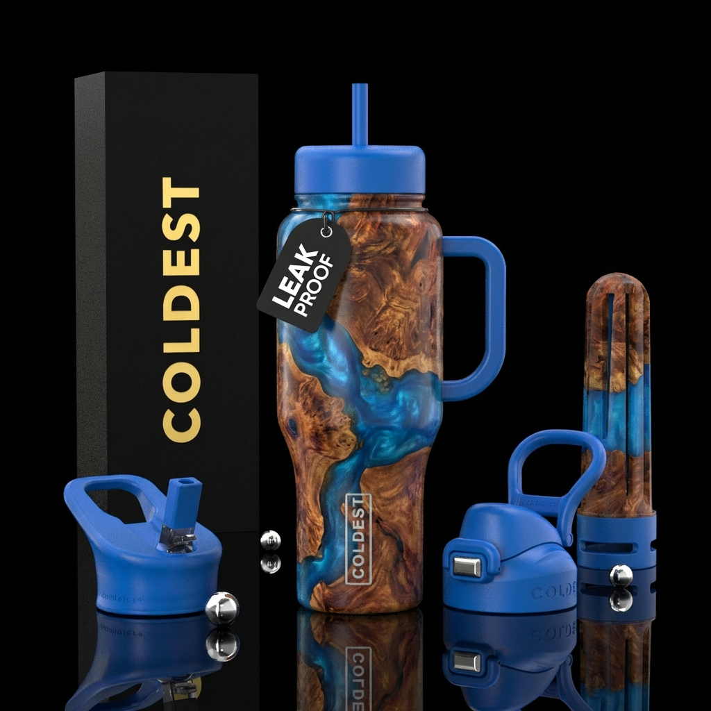 Burlwood and blue resin water bottle design
