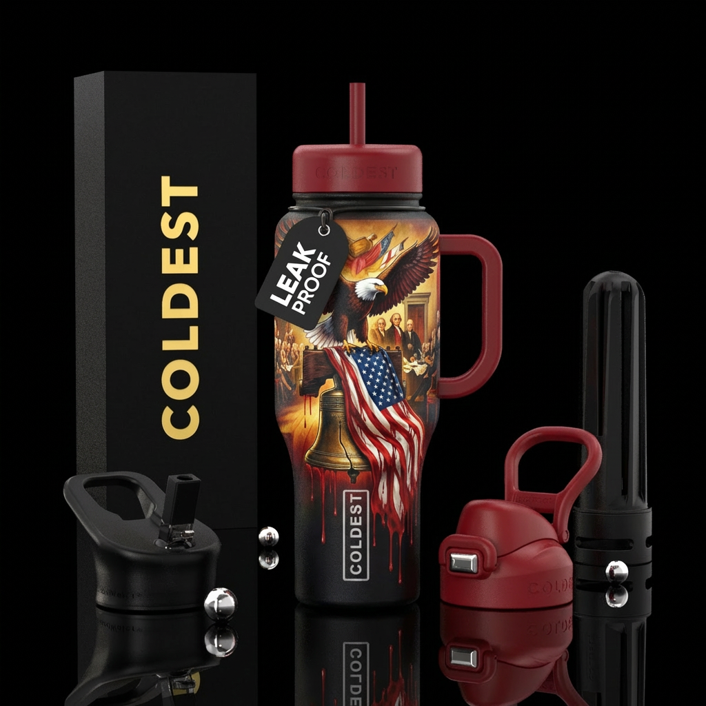 Bald eagle standing on liberty bell clutching an a... water bottle design