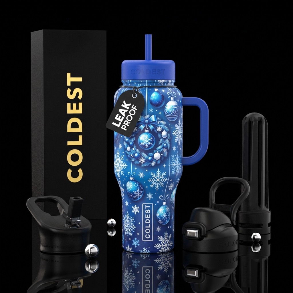 Blue and white christmas decorations and blue and ... water bottle design