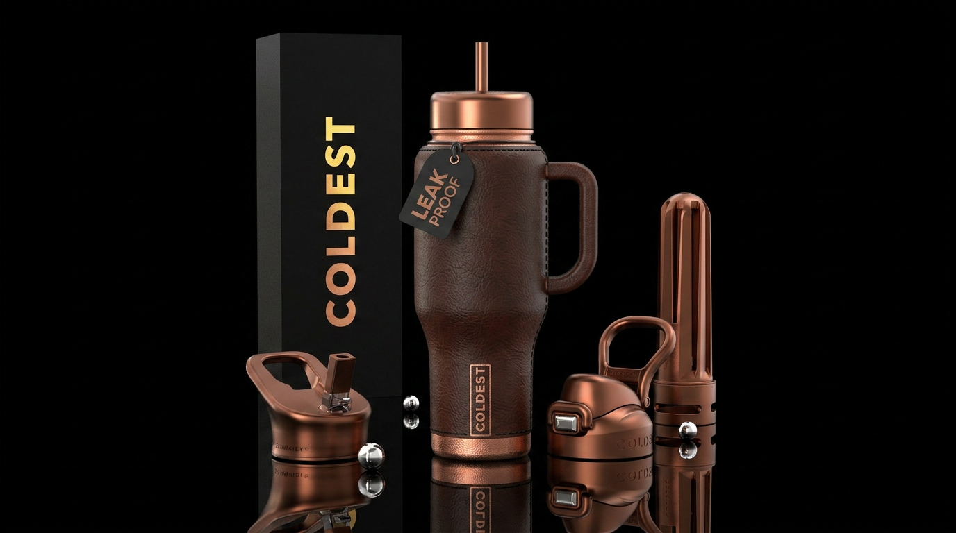 Leather and copper water bottle design
