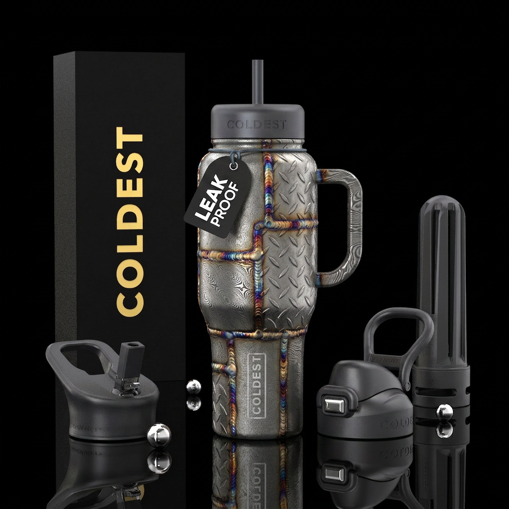 Welded together diamond plating, steel, demascus w... water bottle design