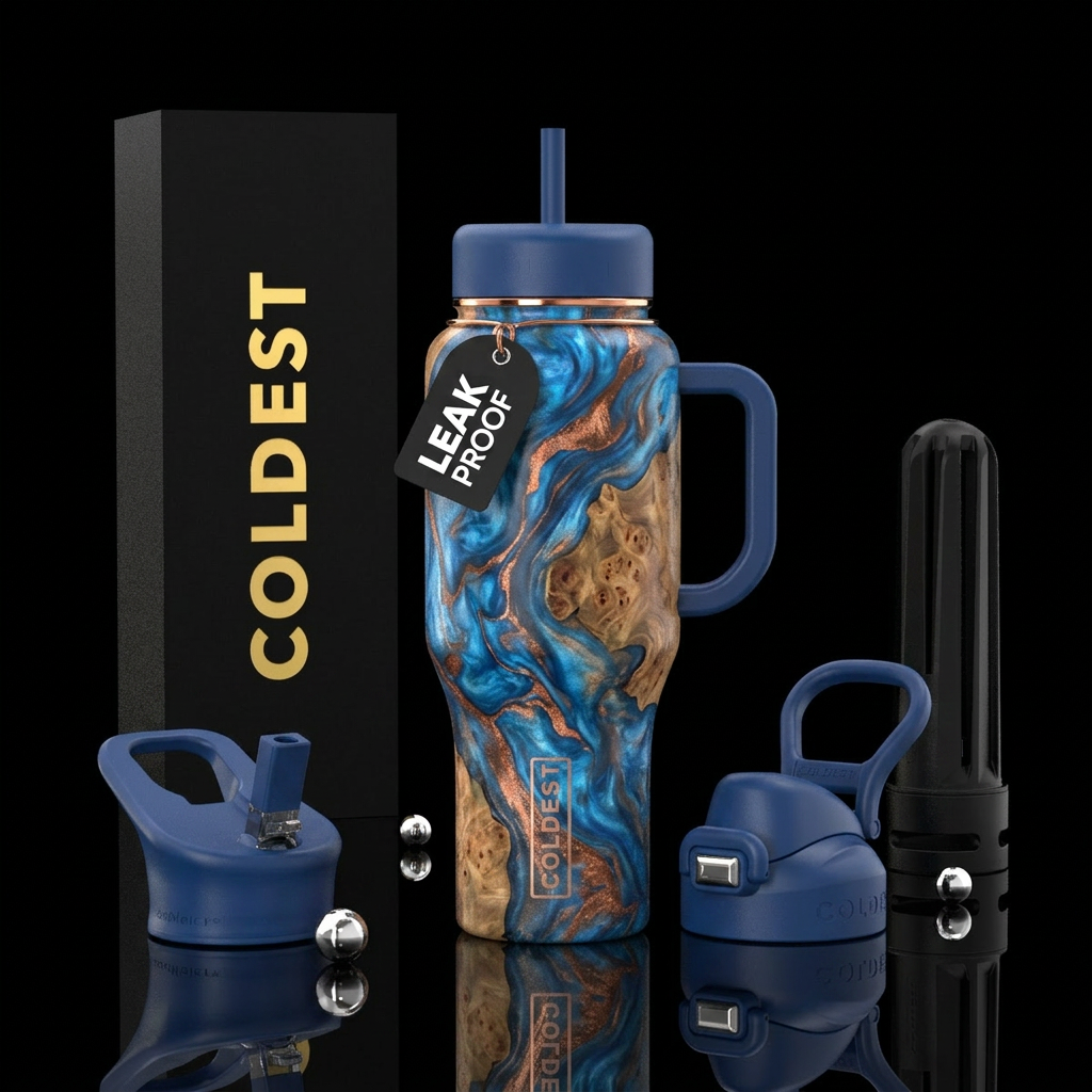 Blue, copper and resin marbling and burlwood water bottle design
