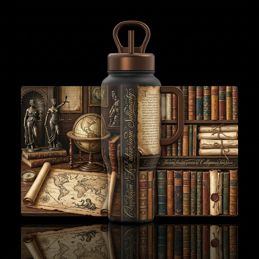 One side of the cup looks like an old world librar... water bottle design