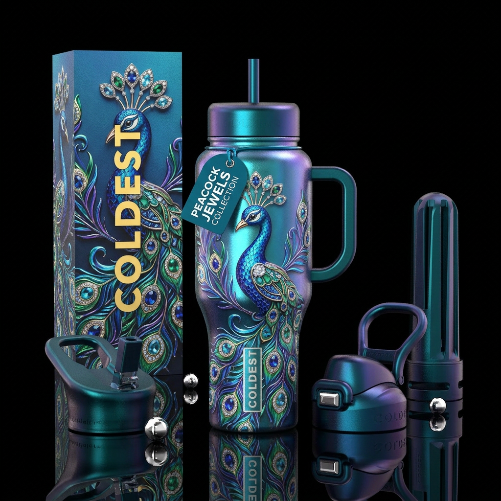 Artistic, metallic peacock design with jewels water bottle design