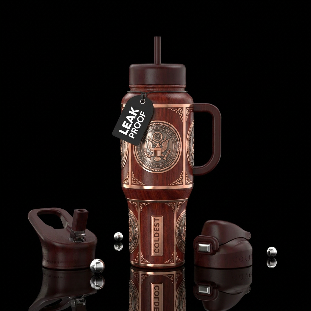 Rich red mahogany with large recessed patriotic ch... water bottle design