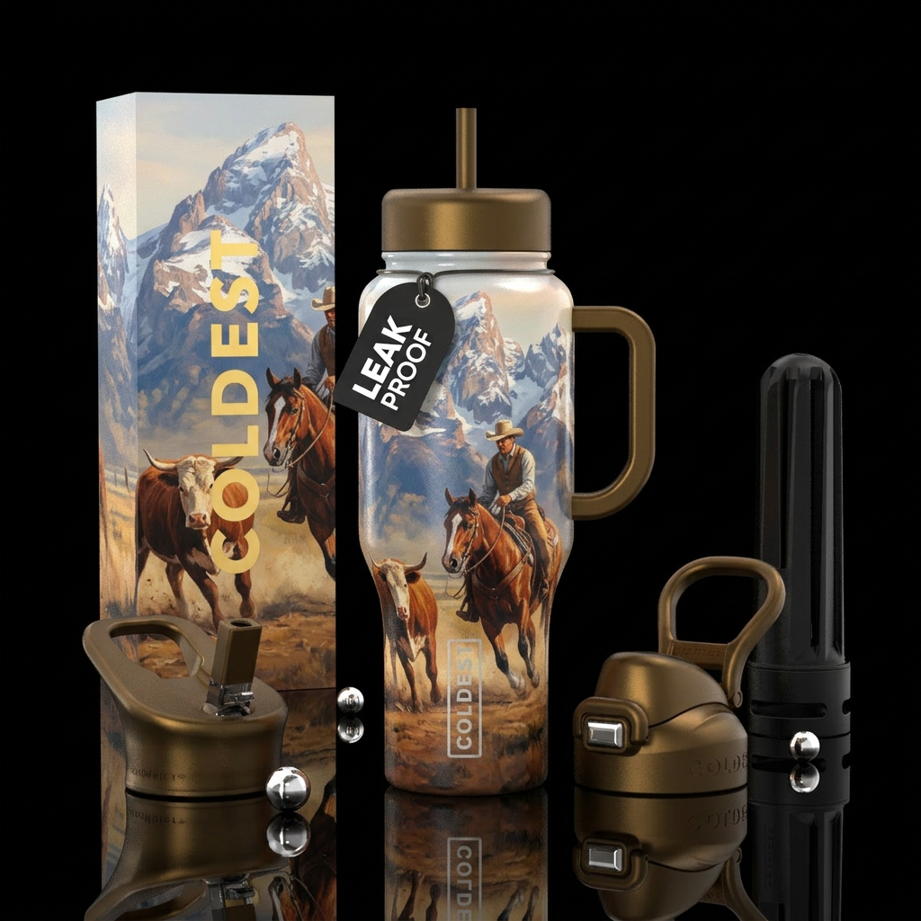 Epic cutting horse working cattle scene with mount... water bottle design