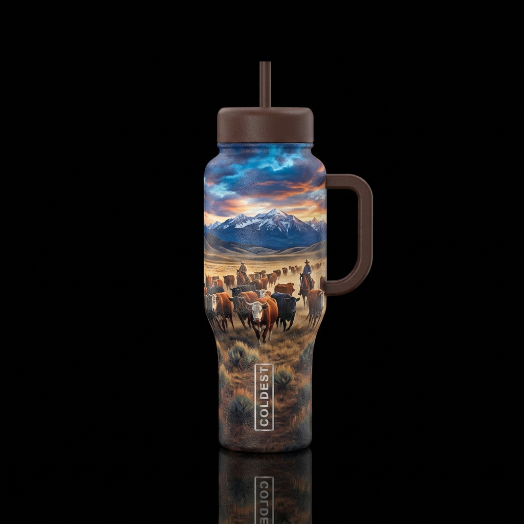 Cowboys moving a herd of cattle across the rolling... water bottle design