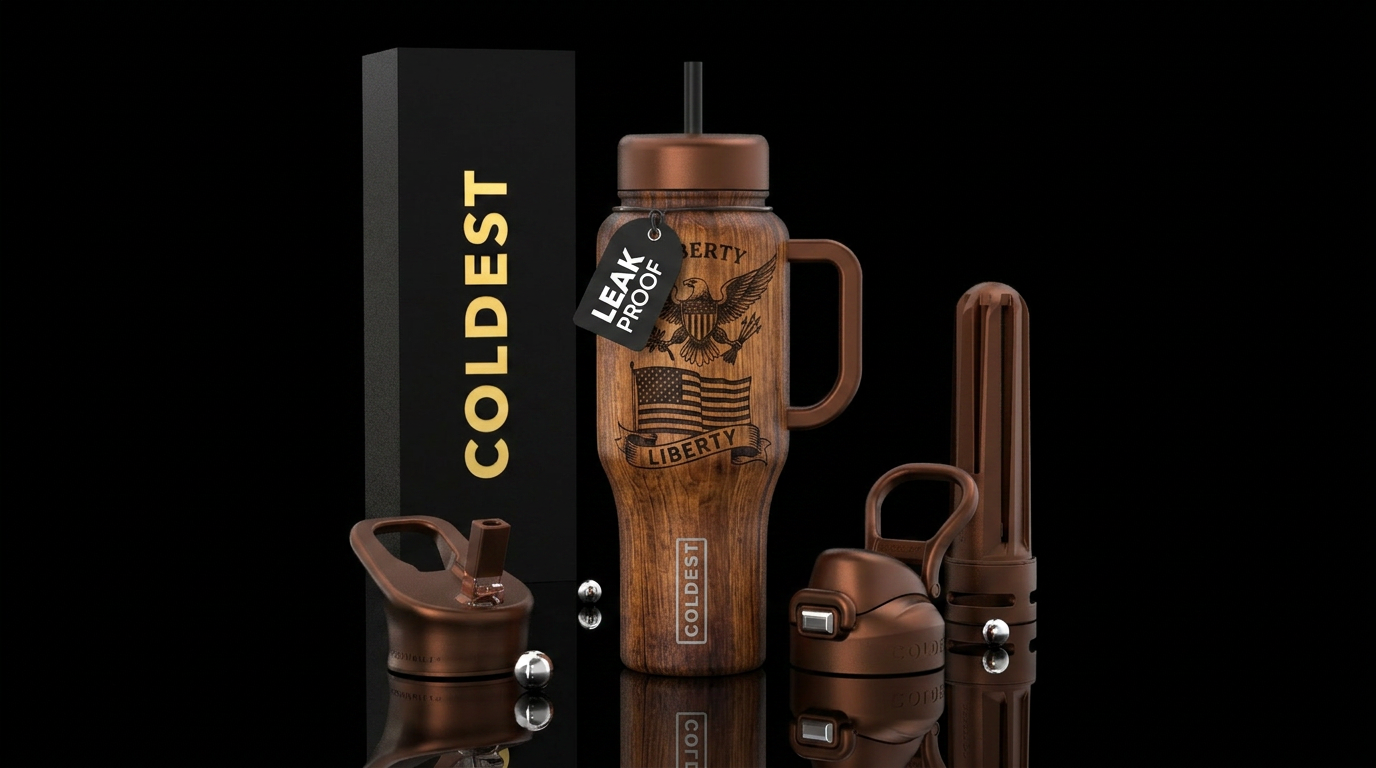 Bourbon barrel with patriotic wood burned designs water bottle design