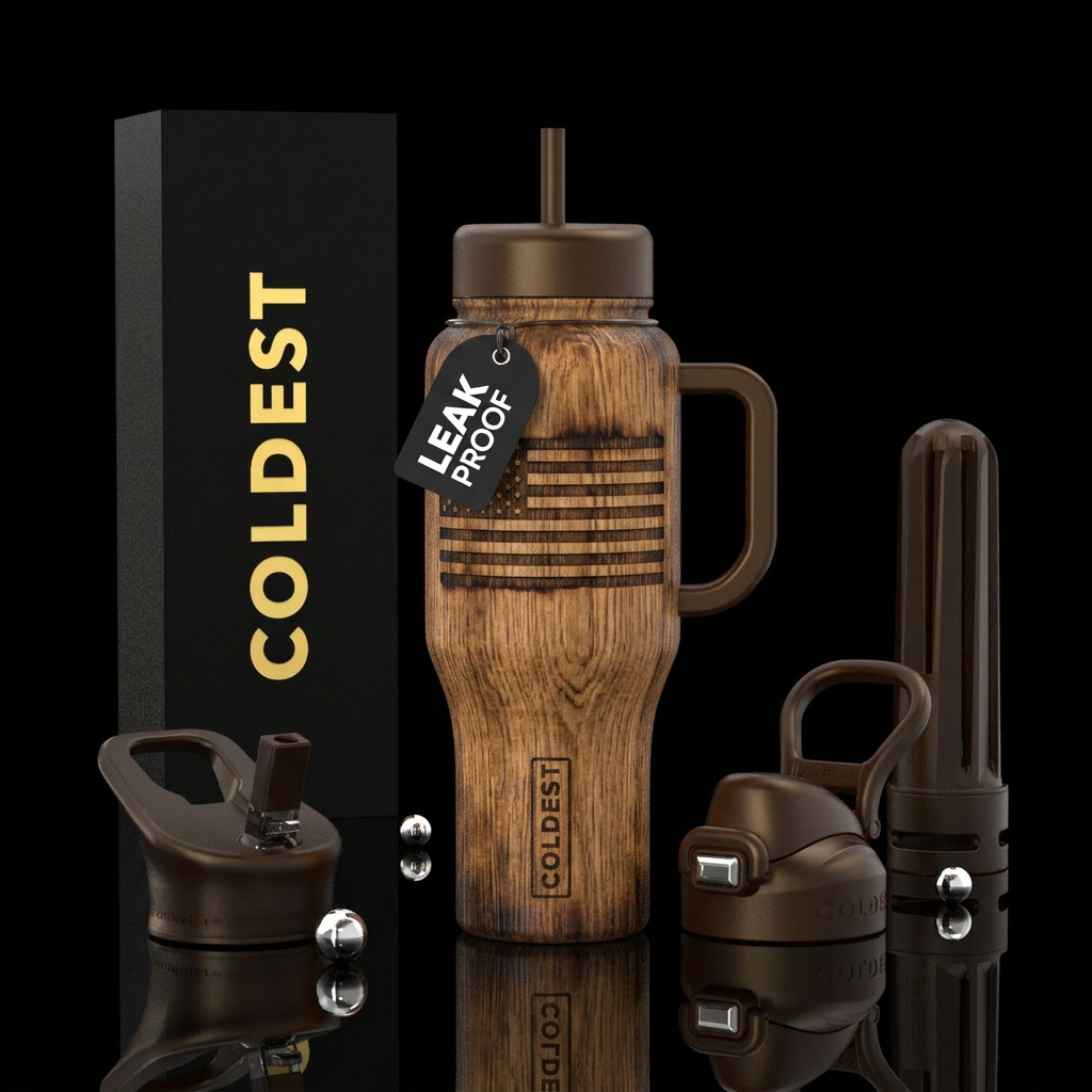 Bourbon barrel with american flag burned into it water bottle design
