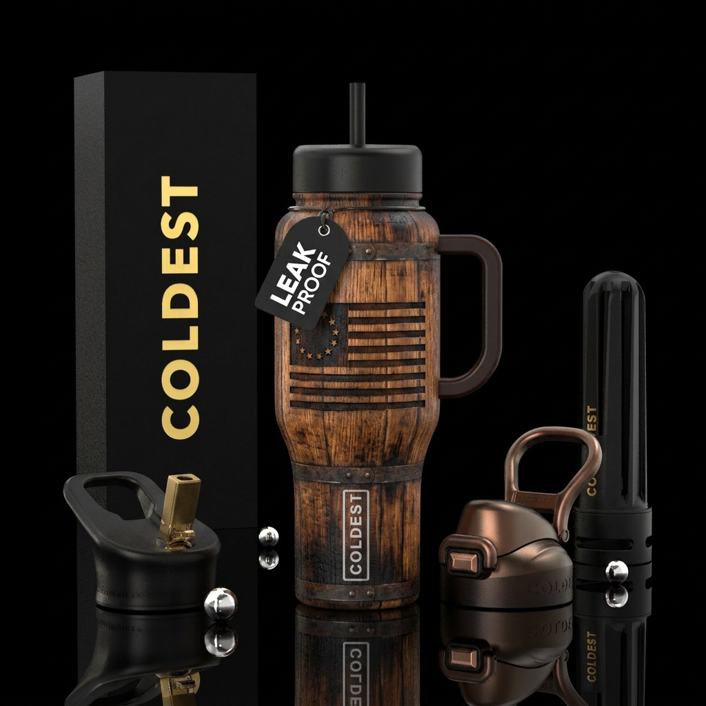 Bourbon barrel with Betsy Ross flag burned into it water bottle design