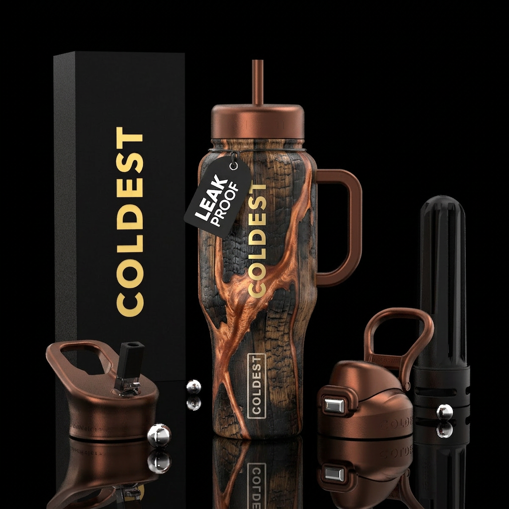 Charred whiskey barrel staves and copper colored r... water bottle design