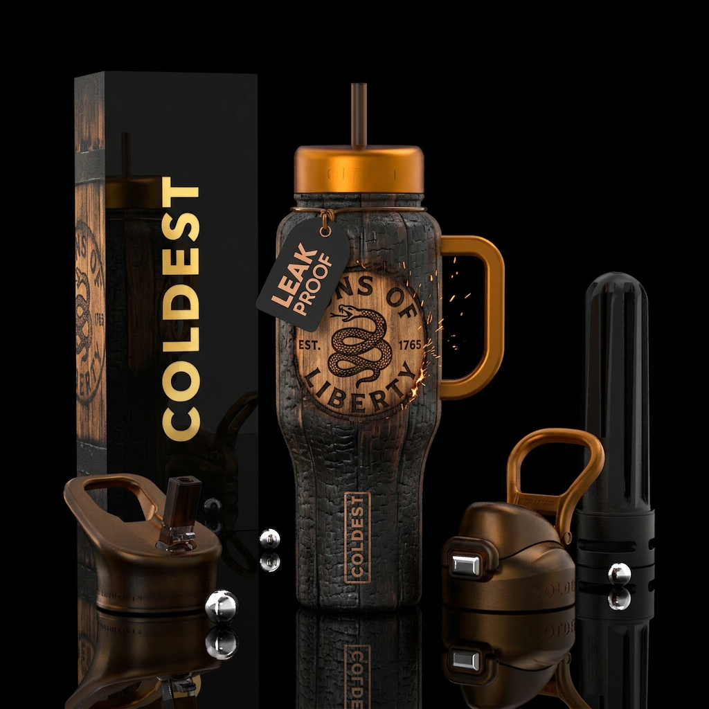 Charred whiskey barrel staves with son's of libert... water bottle design